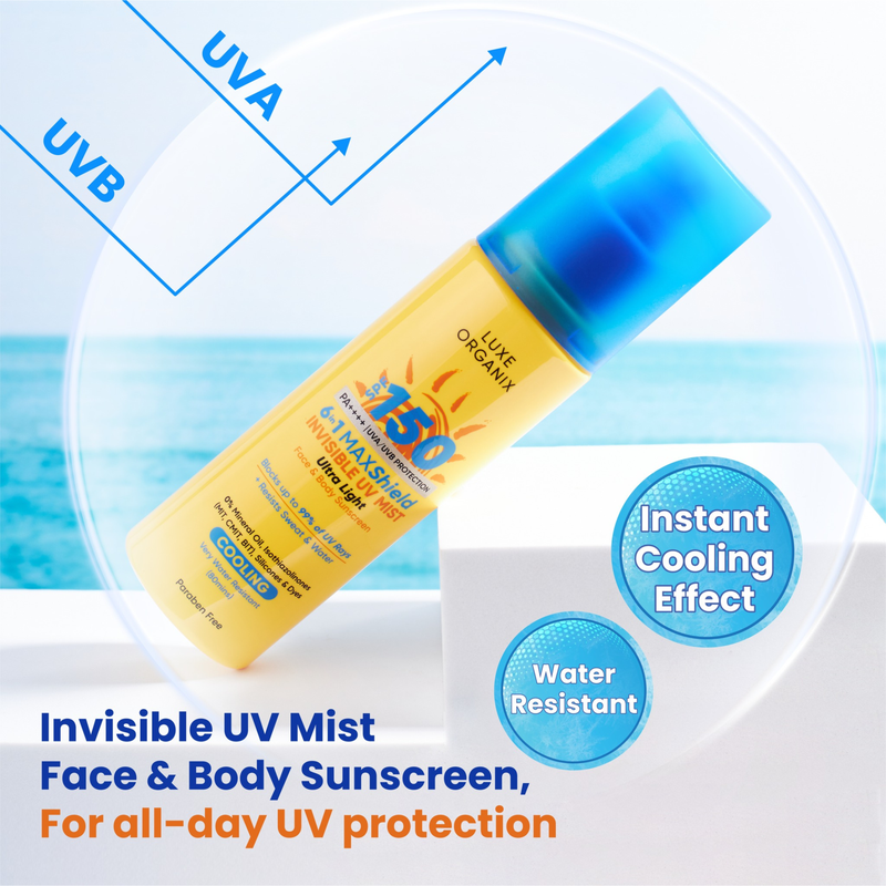 Luxe Organix SPF150 6In1 MAXShield Invisible UV Mist Ultra Light Face and Body Sunscreen 90ml
