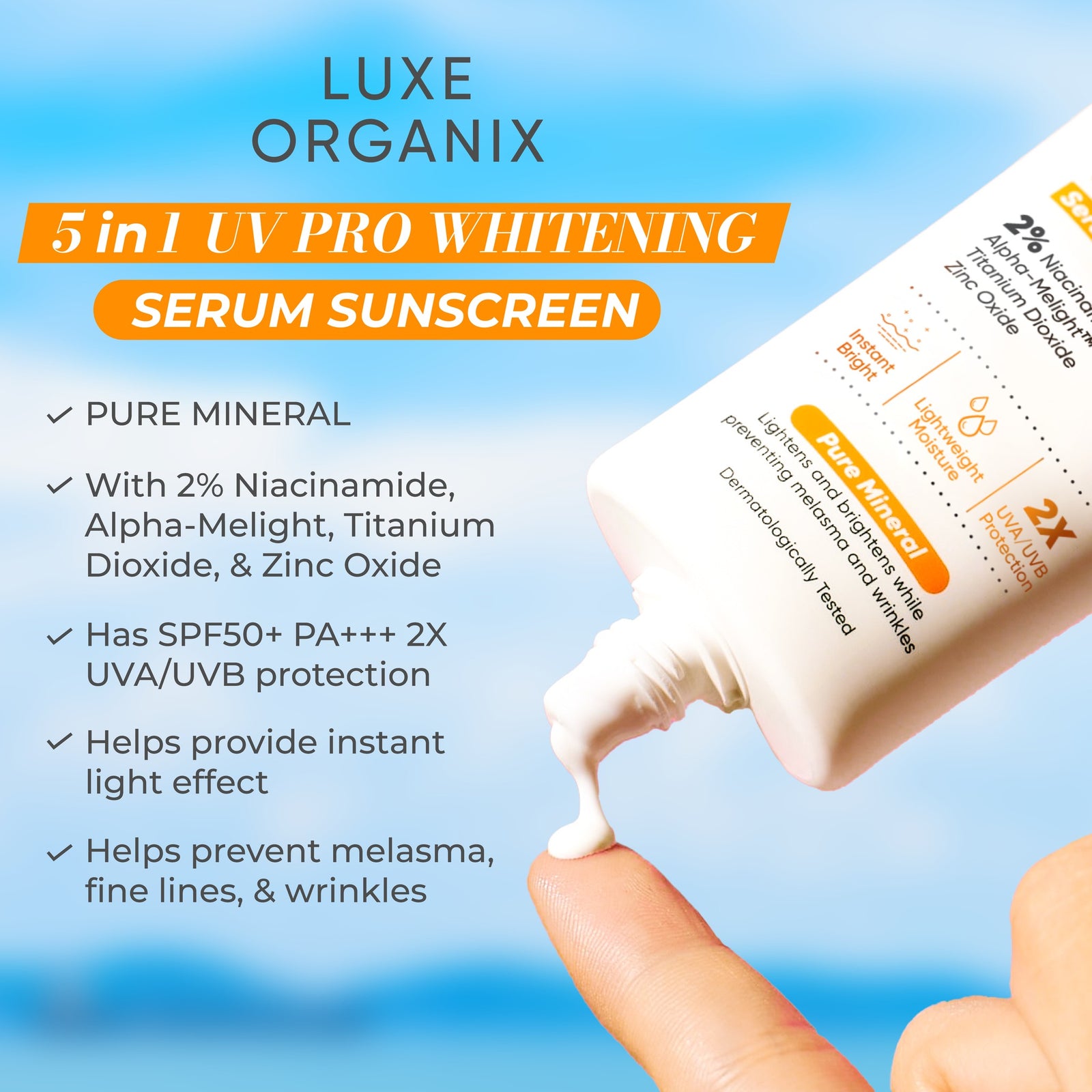 Luxe Organix High protection 5 in 1 UV Pro Whitening Serum Sunscreen SPF50 40g | Sunscreen