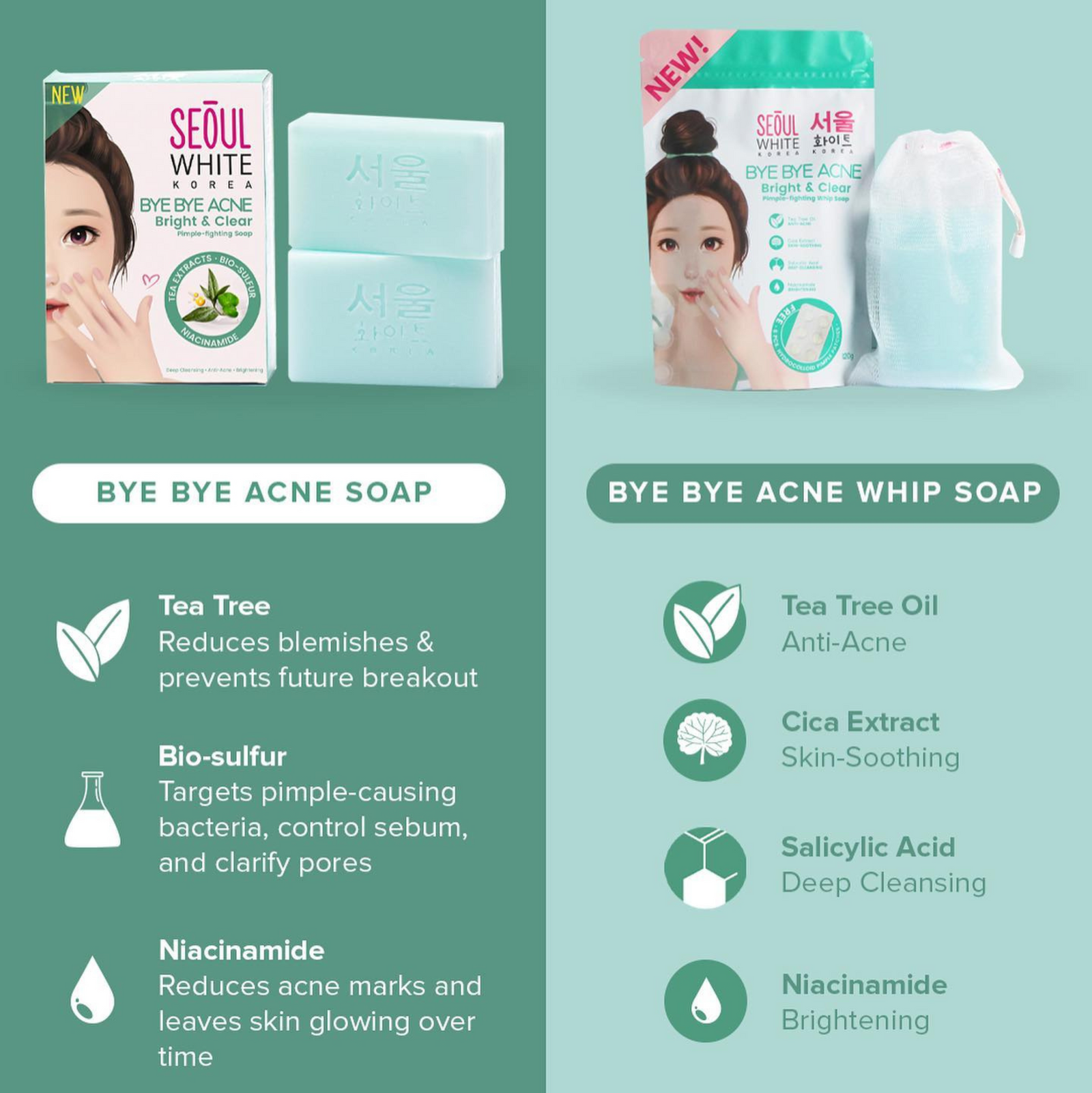 Seoul White Korea Bye Bye Acne Bright & Clear Pimple-Fighting Soap 2pcs x 60g | Soap Seoul White Korea Bye Bye Acne Bright & Clear Pimple-Fighting Soap 2pcs x 60g | Soap