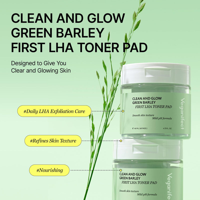 Veganifect Clean and Glow Green Barley First LHA Toner Pad 60 Pads